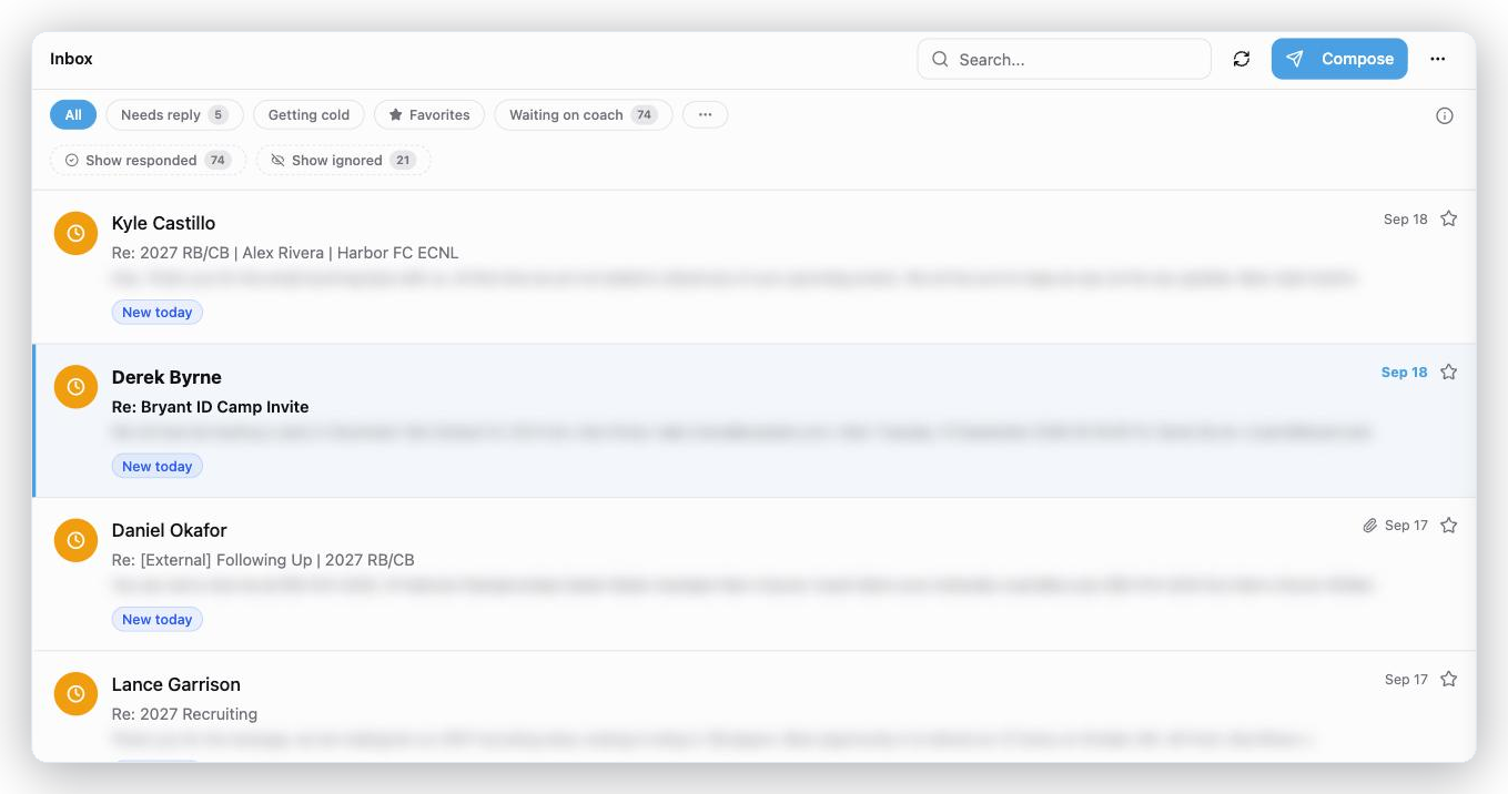 Your inbox sorted by what matters: Needs reply, Getting cold, Waiting on coach.