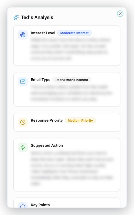 Ted reads every reply: interest level, email type, priority, suggested action.